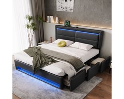 Sweiko Gestoffeerd tweepersoonsbed - 160 x 200 cm - Hydraulische opbergruimte - USB-poort - LED-verlichting - 3 laden - Zonder matras - Zwart