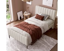 Sweiko Gestoffeerd Tweepersoonsbed 90 x 200 cm, Bedplaats met plat noedelsframe en verstelbaar hoofdeinde, Grijs Beige gestoffeerd bed, slaapkamer bedplaats jeugdbedkamer linnenmateriaal (geen matras)