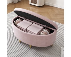 Sweiko Gestoffeerde bank met opbergruimte, gestoffeerde bank met fluwelen opbergdoos, voetenbank met metalen poten, geschikt voor hal, woonkamer, slaapkamer, 90 x 40 x 42 cm, Roze