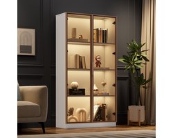 Sweiko Glazen vitrinekast met 16-kleuren LED verlichting, Dubbele deur beweegbare plank vitrinekast, 80*40*160cm, woonkamer hoog kabinet, verticale vitrinekast, badkamerkabinet