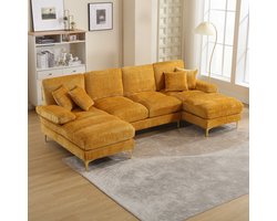 Sweiko Grote U-vormige Bank - Chenille stof - Dubbele chaise longue - Metalen poten - Met 4 kussens - Donkergeel