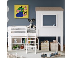 Sweiko Halfhoogslaper - 90x200 cm - Huisbed - Grenenhout + MDF - Wit + Bruin (zonder opbergkast)