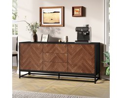 Sweiko Halmeubel - Dressoir - 3 lades - Dubbele deuren - Metalen frame - Verstelbare planken - Walnoot + Zwart