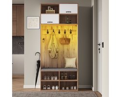 Sweiko Halmeubel - Kapstok - Met zitting - 5 haken - LED-verlichting - Open opbergplank - Natuurlijke + Wit