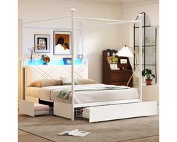 Sweiko Hemelbed - 140 x 190 cm - LED-verlichting - USB/Type-C - 3 lades - Wit