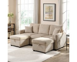 Sweiko Hoekbank - 3 zits bank - Met laden - Opberg hocker - Slaapfunctie - Corduroy stof - Beige