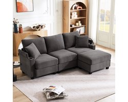 Sweiko Hoekbank - 3-zitsbank - met Voetenbank - Bekerhouders - USB-oplader - 2 kussens - Donkergrijs