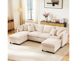Sweiko Hoekbank - Chenille stof - Afneembare poef - 4 zitplaatsen - U-vormig bank - Beige