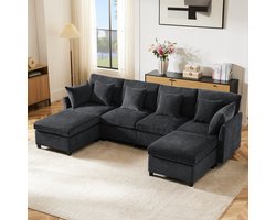 Sweiko Hoekbank - Chenille stof - Afneembare poef - 4 zitplaatsen - U-vormig bank - Grijs