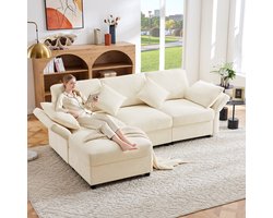 Sweiko Hoekbank - met Voetenbank - 4 kussens - Verstelbare armleuningen - Chenille stof - Beige