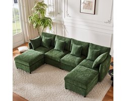 Sweiko Hoekbank - Modulaire bank - U-bank - Met 2 voetenbankjes - 6 kussens - Chenille - Groen