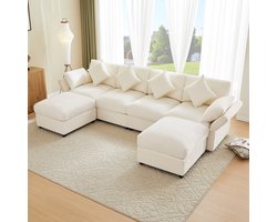 Sweiko Hoekbank - Modulaire U-bank - Chenille - Met 2 voetenbankjes - Verstelbare armleuningen - 6 kussens - Beige