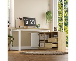 Sweiko Hoekbureau - 152 x 113.5 x 76 cm - L-bureau - 2 lades - Verstelbare planken - Naturel + Wit
