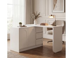 Sweiko Hoekbureau - L-bureau - 360° draaibaar - 3 lades - Opbergkast - 75 x 110–170 x 40 cm - Wit