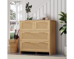 Sweiko Hoge kwaliteit 4-lade rotan Ladekast met massief houten handvatten, geschikt voor slaapkamer, woonkamer, eetkamer, hal, B80/H80/T38 cm