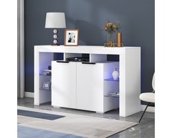 Sweiko Hoogglans LED dressoir, keukenkast, kast, buffetopslag, servertafel met LED-lichten, hoogglans buffetkast met 4-glazen planken en 2-deurs, vitrine voor woonkamer, inkomruimte