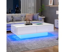 Sweiko Hoogglans salontafel, 115 x 55 x 34 cm, met 2 laden, LED-verlichting en 30 kg draagvermogen, wit