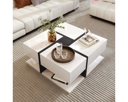 Sweiko Hoogglans salontafel, tafel met 4-laden, unieke kleurmatching en lijnontwerp, opbergruimte eronder, 78*78*36cm. Verzending in 2 afzonderlijke pakketten, Installatie vereist