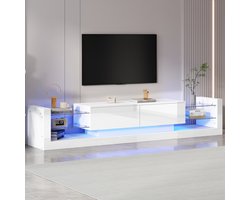 Sweiko Hoogglans TV-meubel met LED-verlichting, 181 cm breed, voor TV's tot 80 inch, glazen bovenblad, twee scharnierende lades, wit