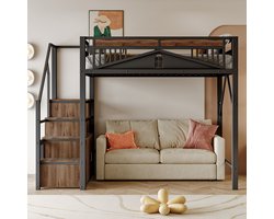 Sweiko Hoogslaper - 140 x 200 cm - Metalen reling - Met opbergkast - Zonder bank - Zwart + Bruin