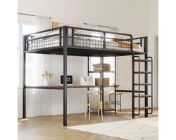 Sweiko Hoogslaper - 140*200 cm - met tafel + plank - Metalen bed - Veiligheidshek - Zwart