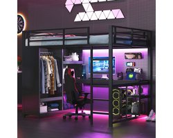 Sweiko Hoogslaper - 140x200 cm - Metalen frame - LED-verlichting - Met bureau - Open kledingkast - Zwart