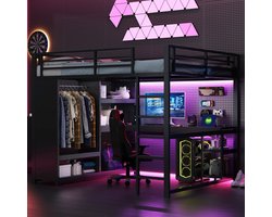 Sweiko Hoogslaper - 160x200 cm - Metalen frame - LED-verlichting - Met bureau - Open kledingkast - Zwart