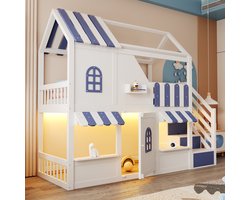 Sweiko Hoogslaper - 90 x 200 cm - Huisontwerp - Opbergruimte - LED-verlichting - Kinderbed - Wit + Blauw