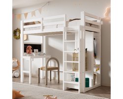 Sweiko Hoogslaper - 90 x 200 cm - Kinderbed - Met bureau - Open kledingkast - Opbergplanken - Wit (zonder matras)