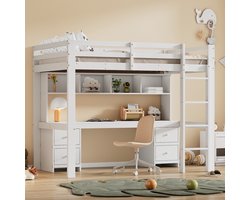 Sweiko Hoogslaper - 90 x 200 cm - met Bureau - Boekenplank - 4 lades - Wit (Geen stoelen)