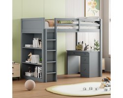 Sweiko Hoogslaper - 90 X 200 cm - met opbergkast - Bureau - 4 lads - Kinderbed - Grijs