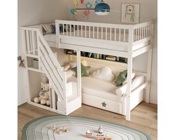Sweiko Hoogslaper - 90 x 200 cm - Met opbergruimte - Houten kinderbed - Wit (Zonder bank)