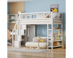 Sweiko Hoogslaper 90 x 200cm, hooghekveilig ontwerp met kledingkast, planken en opbergruimte met veiligheidsklimladder, multifunctioneel bed, massief houten bed, Wit