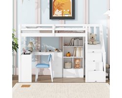 Sweiko Hoogslaper - 90x200 cm - Bureau + laden + opbergruimte - zonder matras - Wit