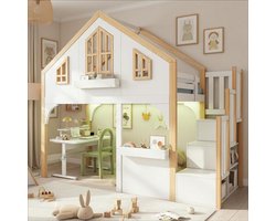Sweiko Hoogslaper - 90x200 cm - Huisontwerp - LED-verlichting - Opbergruimte - Kinderbed - Wit + Natuurlijke (Zonder bureau)