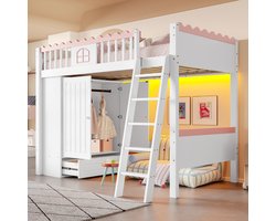 Sweiko Hoogslaper - 90x200 cm - met LED verlichting + kleerkast + laden - Grenen - zonder bureau - Wit+Roze