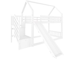 Sweiko Hoogslaper - 90x200 cm - met opbergruimte + glijbaan - huisbed - veiligheidshek - kinderbed - wit