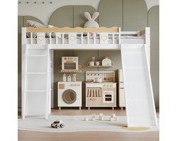 Sweiko Hoogslaper - 90x200cm - met Glijbaan - Kledingkast - Veiligheidsrail - Grenenhout + MDF - Wit + Naturel (Speelgoed niet inbegrepen)