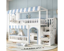 Sweiko Hoogslaper - 90x200cm - Opbergruimte - Grenenhout + MDF - Kinderbed - Wit + Blauw