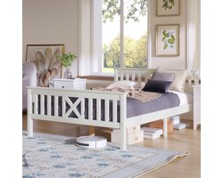 Sweiko Houten bed,Eenpersoonsbed,Houten bed met plat Noedelsframe, 140 x 200 cm met hoofdeinde, massief houten kinderbed jeugdbed, dennenhout,Puur Wit (geen matras)