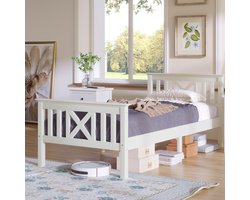 Sweiko Houten bed,Eenpersoonsbed,Houten bed met plat Noedelsframe, 90 x 200 cm met hoofdeinde, massief houten kinderbed jeugdbed, dennenhout,Puur Wit (geen matras)