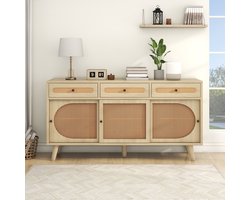 Sweiko Houten dressoir, 140 cm lang, met PE kunststof rotan deur en verstelbare planken, 3 lades, dressoir met 3 schuifdeuren