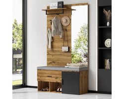 Sweiko Houten garderobeset met spiegel, gestoffeerde schoenenbank, jashaken en opbergruimte, entree foyerkast, bruin