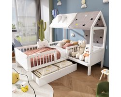 Sweiko Houten huisvormig bedje, eenpersoonsbed, multifunctioneel, met tentstof, laden aan de onderkant, zonder matras, 90*200cm, Wit