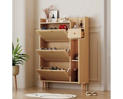 Sweiko Houten schoenkast van rotan geschikt voor smalle ingangen ,3 kanteldeuren en 1 lade met massief houten poten en handvatten, afmetingen: B90/H125/T17 cm