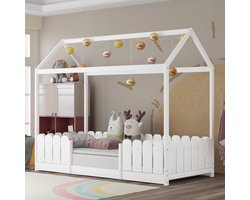 Sweiko Huisbed 90x200 cm, veelzijdig houten kinderbed voor jongens en meisjes Met valbescherming en lattenbod, Wit (Zonder matras)