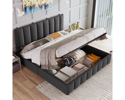 Sweiko Hydraulisch tweepersoonsbed gestoffeerd bed 140x200cm, Verstelbaar hoofdeinde, Bed met metalen frame lattenboden, Linnen materiaal, Modern bedframe met opbergruimte, Grote opbergruimte, Grijs (zonder matras)