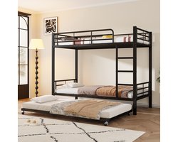 Sweiko IJzeren bed, Kinderbed, 90x200cm&90x190cm, Geschikt voor kinderen en tieners, met een uitschuifbaar bed, het bed heeft vier zijrails, ijzer, Zwart,