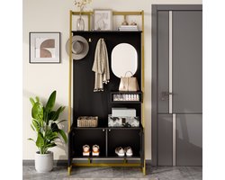 Sweiko Kapstok - Compact - Met spiegel - 3 metalen haken - Schoenenbank - Halmeubel - Zwart