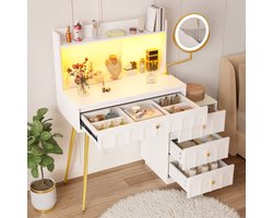 Sweiko Kaptafel - LED-verlichting - Draaibare spiegel - Glazen schuifdeuren - 4 lades - 112 x 40 x 116 cm - Wit